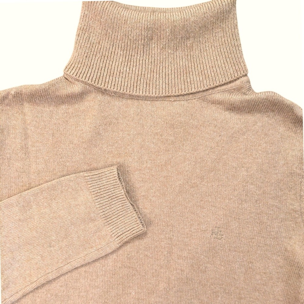 Lauren Ralph Lauren Petite Tan Silk Cashmere Turtleneck Sweater Small Logo Camel